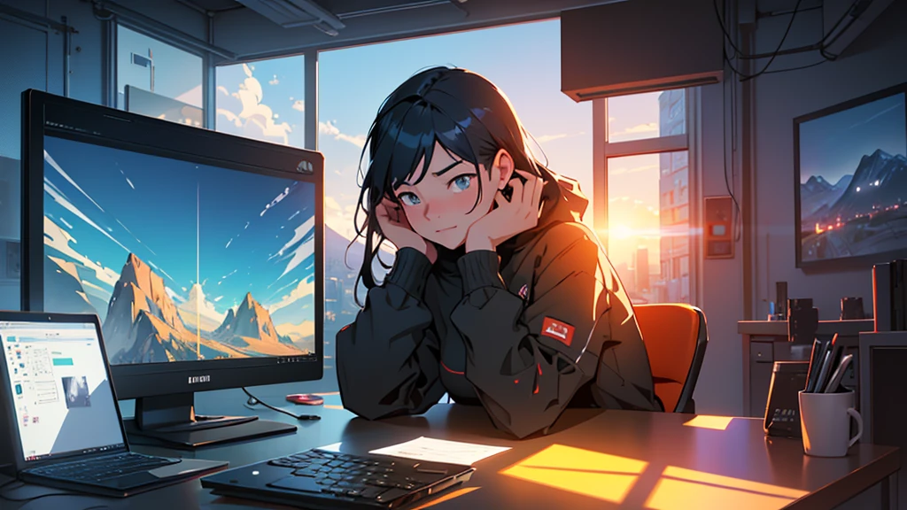 there is a computer desk in a room with a mountain view, a digital painting inspired by Atey Ghailan, polycount contest winner, computer art, lofi artstyle, style of alena aenami, artistic. alena aenami, lofi art, relaxing concept art, style of aenami alena, office background, anime background art