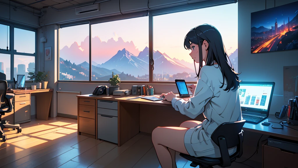 there is a computer desk in a room with a mountain view, a digital painting inspired by Atey Ghailan, polycount contest winner, computer art, lofi artstyle, style of alena aenami, artistic. alena aenami, lofi art, relaxing concept art, style of aenami alena, office background, anime background art