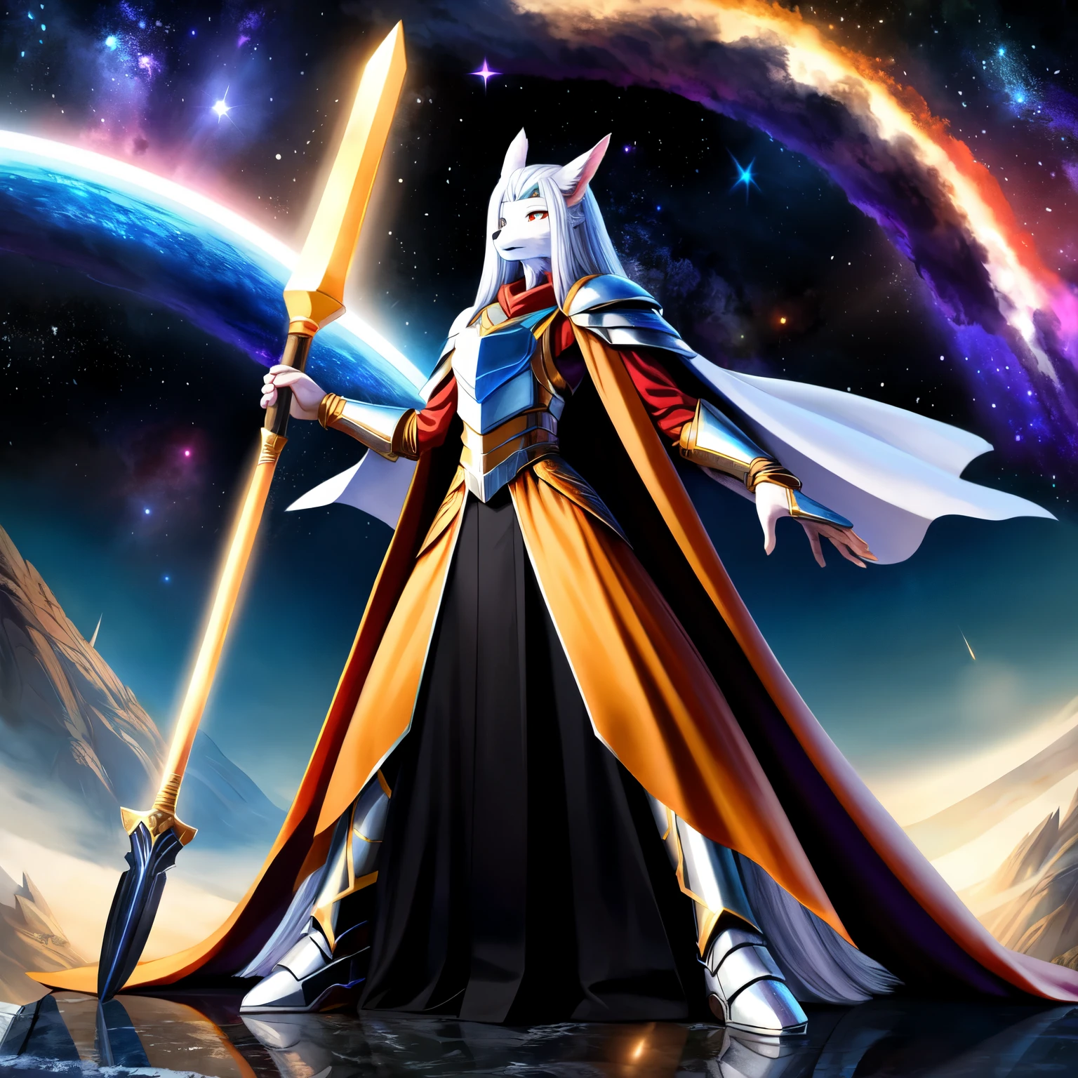 ((best quality)), ((masterpiece)), (detailed), 1 boy, kemono, anthro, furry, black and white fur, orange long hair, full body, holding a war hammer, very long skirt, cape, epic, orange long hair, skirt, very long dress, insanely detailed dress, white armor, modern futuristic armor, giant beast in background, galactic aura, epic stance, galactic dragon in the background