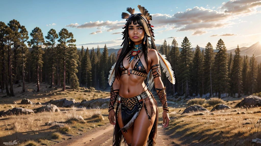 indigenous girl -HD photo - sexy photo -indigenous warrior- full body photo- beautiful legs- forest- high detailed- perfect face- straight black hair- straight bangs -snake- war paint- feather headdress- feathers- 18 years old- bow and arrow- wind- tribe