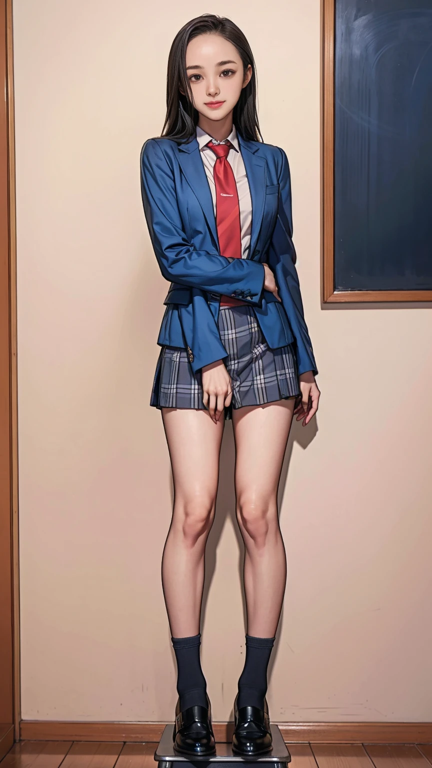 ((masterpiece)),(((best quality))),thin thighs,long legs,girl standing in school,red tie uniform,dark blue blazer,blue plaid skirt,18 years old,forehead,small smile,random pause，Pretty Woman，slim girl，