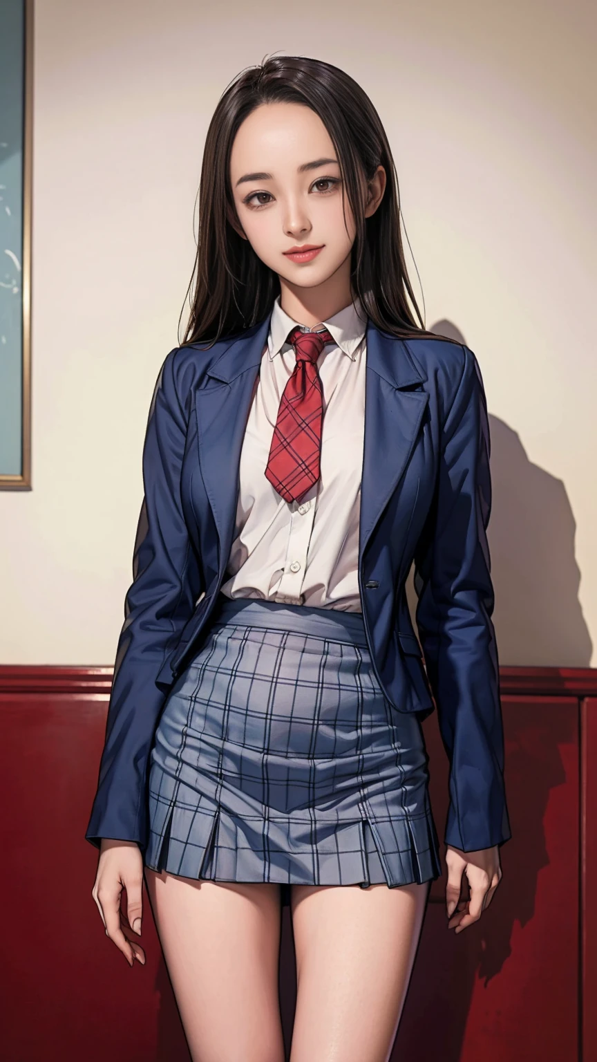 ((masterpiece)),(((best quality))),thin thighs,long legs,girl standing in school,red tie uniform,dark blue blazer,blue plaid skirt,18 years old,forehead,small smile,random pause，Pretty Woman，slim girl，