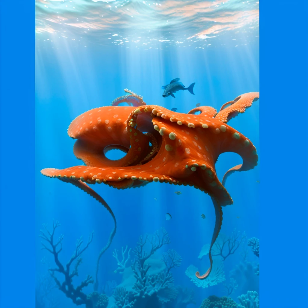 Foto realisitic de um polvo, octopode, dancing with god tentacles at the bottom of the ocean , full of colorful corals and fish of different colors, blue sea bottom, realisitic, sunlight penetrates the surface of the water