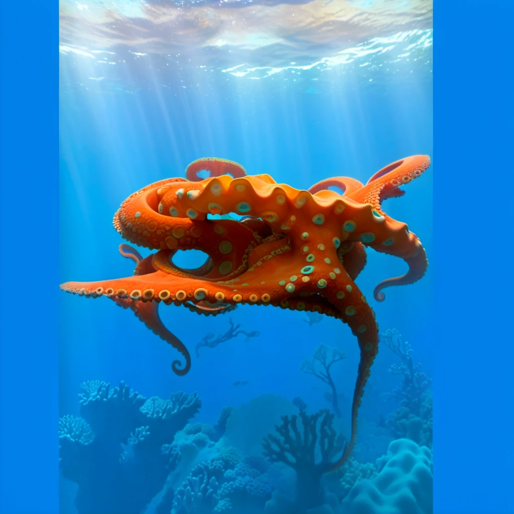 Foto realisitic de um polvo, octopode, dancing with god tentacles at the bottom of the ocean , full of colorful corals and fish of different colors, blue sea bottom, realisitic, sunlight penetrates the surface of the water
