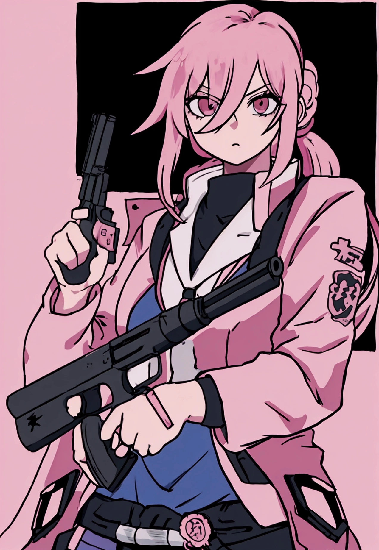 Vector style, a woman with pink hair holding a gun and pointing it at the camera, with pistol, anime shot, anime machine gun fire, with a gun, female action anime girl, gapmoe yandere, shooting pose, holding gun, holding a pistol, trigger anime artstyle, haruno sakura, holding a gun, dramatic wielding gun pose, brandishing a gun