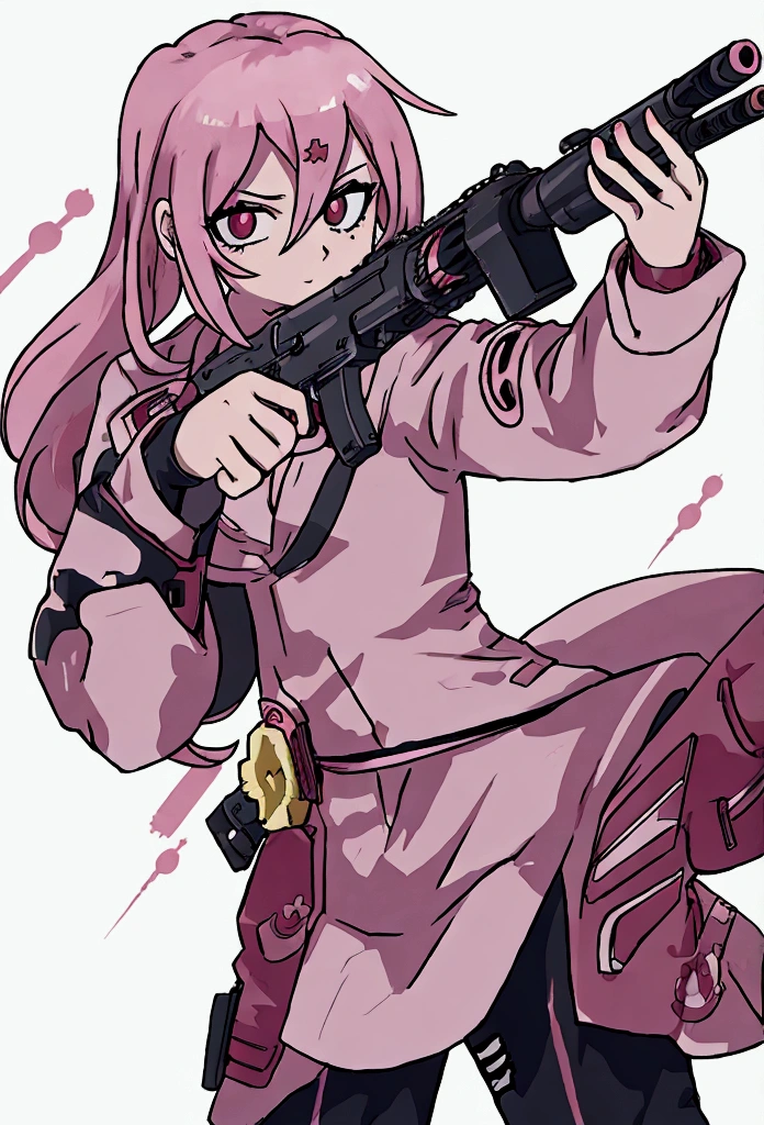 Vector style, a woman with pink hair holding a gun and pointing it at the camera, with pistol, anime shot, anime machine gun fire, with a gun, female action anime girl, gapmoe yandere, shooting pose, holding gun, holding a pistol, trigger anime artstyle, haruno sakura, holding a gun, dramatic wielding gun pose, brandishing a gun