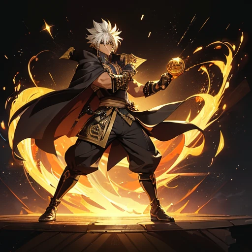 ((young boy, age 16, height 1.80 meters)); (dark brown skin:1.5); (brown eyes); (short, curly black hair); (medium physique of a 16-year-old); (afrodescendant features with a hint of mixed heritage); ((imperial attire from the 8th century)); ((shiny black cape)); (black clothes with gray tones and golden details); (black boots with gray and golden accents); (arrogant, eccentric, egocentric, proud personality); (extremely high hormones); (hyper-exaggerated lecherous personality akin to Meliodas, Master Roshi, and Jiraiya); ((full body)); ((dynamic pose)); ((detailed face, expressive eyes)); ((anime style, 2D illustration))