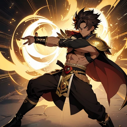 ((young boy, age 16, height 1.80 meters)); (dark brown skin:1.5); (brown eyes); (short, curly black hair); (medium physique of a 16-year-old); (afrodescendant features with a hint of mixed heritage); ((imperial attire from the 8th century)); ((shiny black cape)); (black clothes with gray tones and golden details); (black boots with gray and golden accents); (arrogant, eccentric, egocentric, proud personality); (extremely high hormones); (hyper-exaggerated lecherous personality akin to Meliodas, Master Roshi, and Jiraiya); ((full body)); ((dynamic pose)); ((detailed face, expressive eyes)); ((anime style, 2D illustration))