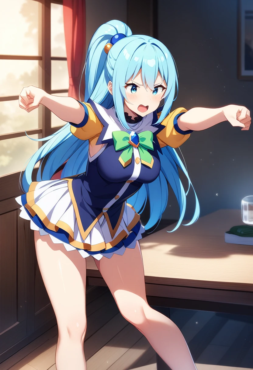 aqua \(konosuba\), 1girl, ;d, blue eyes, blue hair, blush, detached white sleeves, hair ornament, long hair, one eye closed, open mouth, single hair ring, blue skirt, smile, solo, white thighhighs, ass, ((shirt slightly open)), selfie, in mirror, facing camera , nsfw, kono subarashii sekai ni shukufuku wo!, <lora:aquaKonosubaLora_1:0.6>