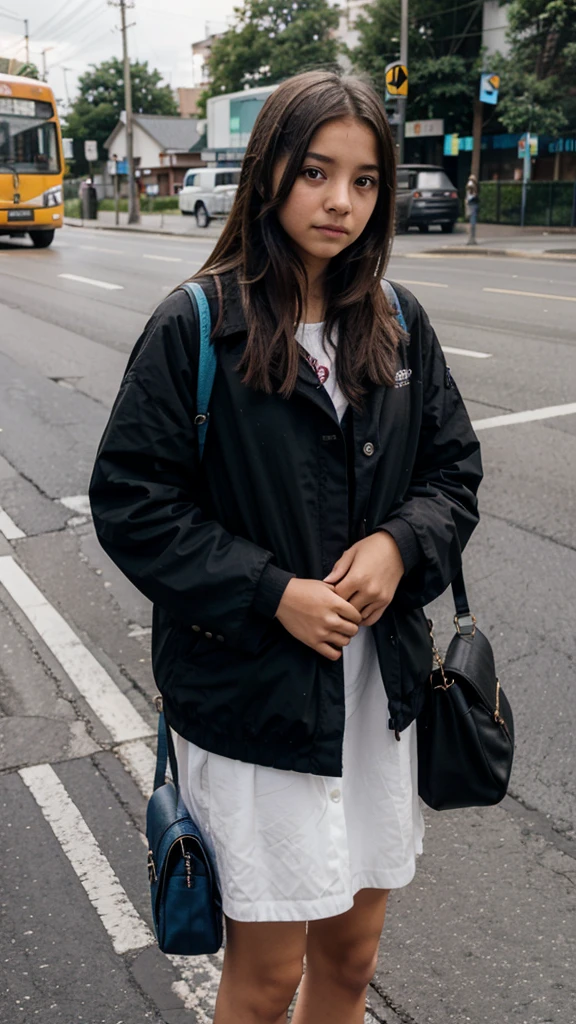 Young girl waiting for a bus on the road