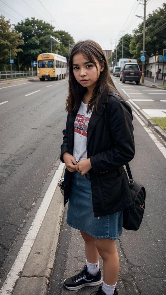 Young girl waiting for a bus on the road