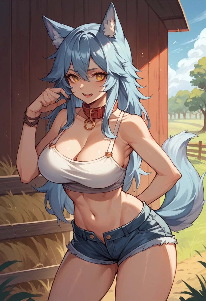 Wolf woman, large breasts, dog collar, alone woman, fantasy race, farm site, wolf tail, half nude, wolf ears, top, mini shorts