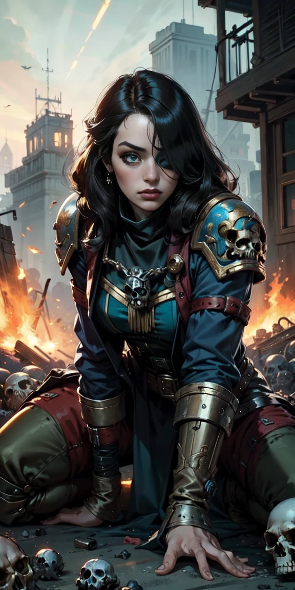 (masterpiece:1.2), (Best Quality:1.2), Perfect eyes, perfect face, perfect lighting, 1 girl, Sororitas mature whore with bolt pistol in hands, scar over one eye, eye patch, by white, skulls on the ground, Warhammer 40K, chaos, fire, Science fiction, Detailed battlefield background