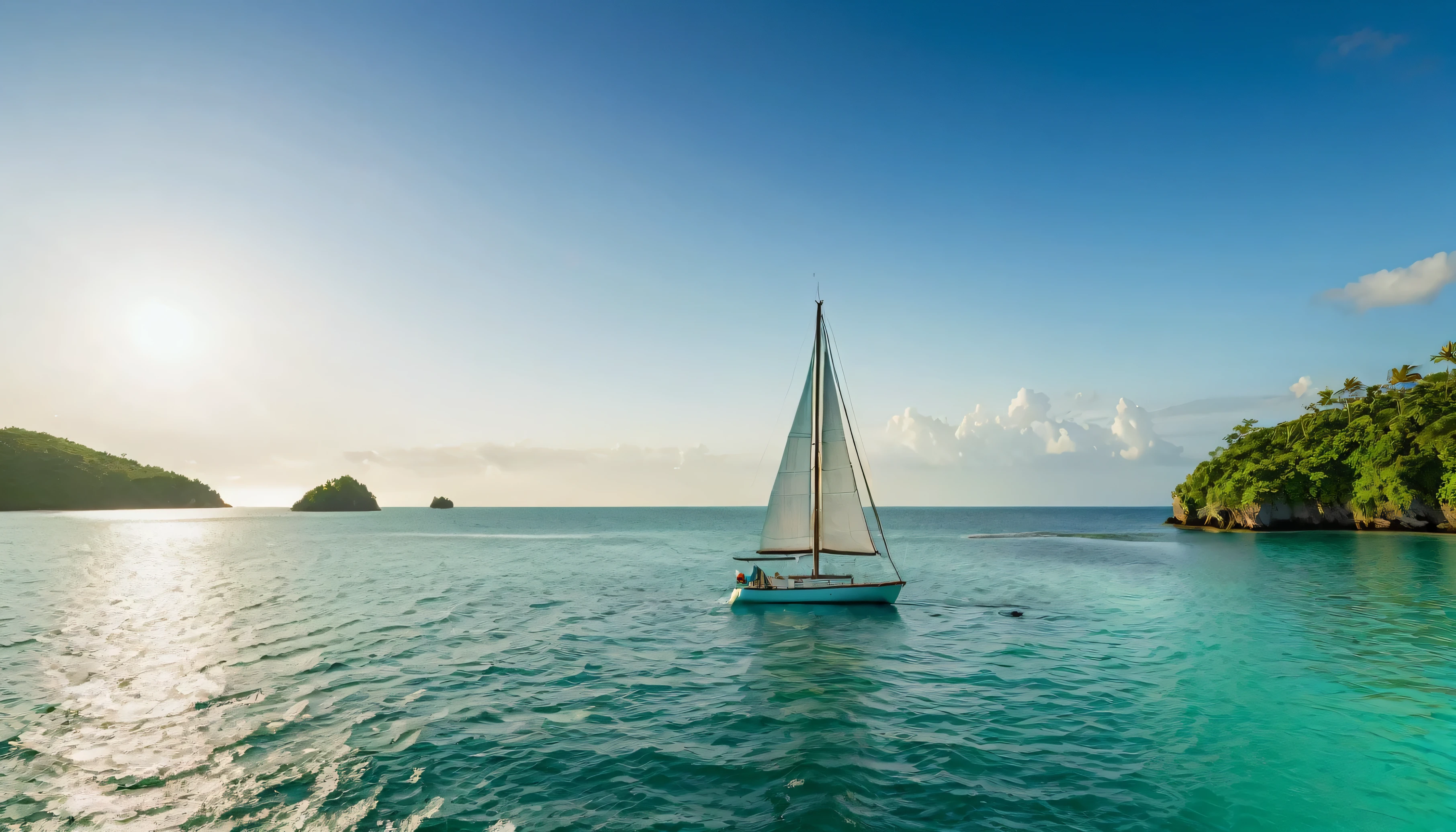 sailboat in the middle of the ocean under the evening sun and the green and calm water of the ocean