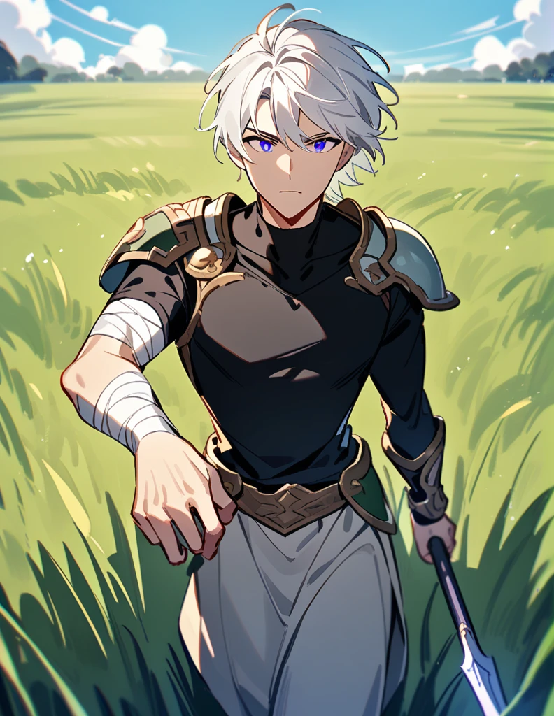 Greek boy with shoulder-length long white hair, violet eyes, one arm covered in bandages, equipped with a spear, wearing silver shoulder pads and a black shirt, walking in a field of green grass with an open blue sky