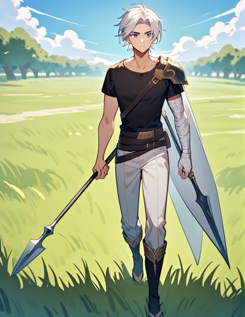 Greek boy with shoulder-length long white hair, violet eyes, one arm covered in bandages, equipped with a spear, wearing silver shoulder pads and a black shirt, walking in a field of green grass with an open blue sky