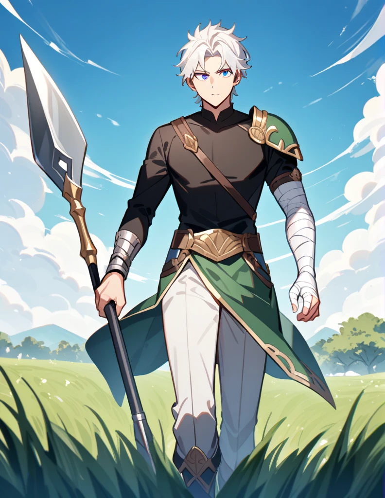 Greek boy with shoulder-length long white hair, violet eyes, one arm covered in bandages, equipped with a spear, wearing silver shoulder pads and a black shirt, walking in a field of green grass with an open blue sky