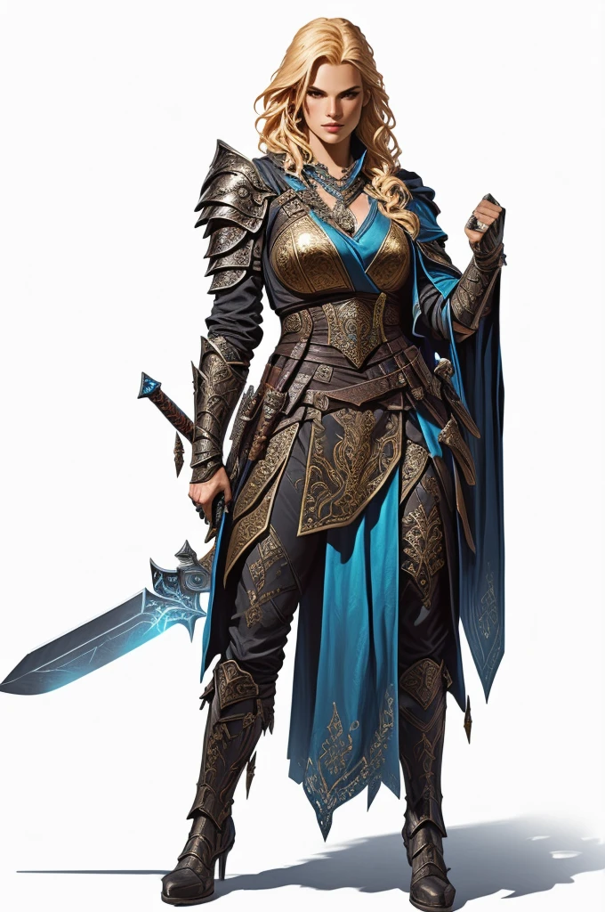 a woman with a sword and a skull, rpg character art, rpg portrait full body, d & d style full body portrait, fantasy d&d character, north adult female warrior, from pathfinder, intricate details, highly detailed, 8k, hyperrealistic, cinematic lighting, dramatic lighting, moody atmosphere, warm colors, vibrant colors, cinematic composition, heroic pose, powerful expression, deadly elegance, masterpiece