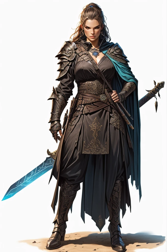 a woman with a sword and a skull, rpg character art, rpg portrait full body, d & d style full body portrait, fantasy d&d character, north adult female warrior, from pathfinder, intricate details, highly detailed, 8k, hyperrealistic, cinematic lighting, dramatic lighting, moody atmosphere, warm colors, vibrant colors, cinematic composition, heroic pose, powerful expression, deadly elegance, masterpiece