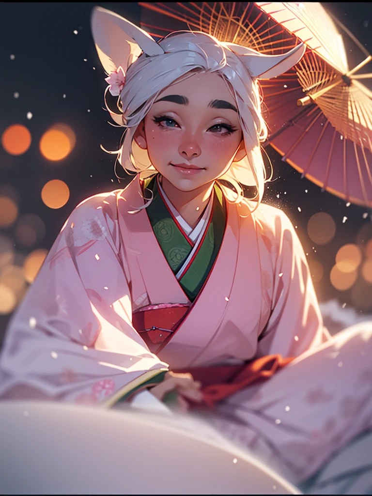 (Sumilux f1.4 50mm , low Latitude old color negative film , cross process , bokeh, flare, chromatic aberration , soft focus, (Shallow focus) , soft glow , Maximum aperture, High Key , Transparent depiction) , Japanese Heian period , Royal girl, rabbit ear , (round Maro eyebrows) , kimono, sitting , Peony flowers blooming , closeup face , Snow is falling , steamy breath