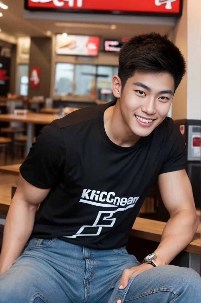 ((realistic daylight)) , Young Korean man in only a black sports shirt, no stripes, and jeans., A handsome, muscular young Asian man looks at the camera. , In the KFC store ,turn sideways, smile