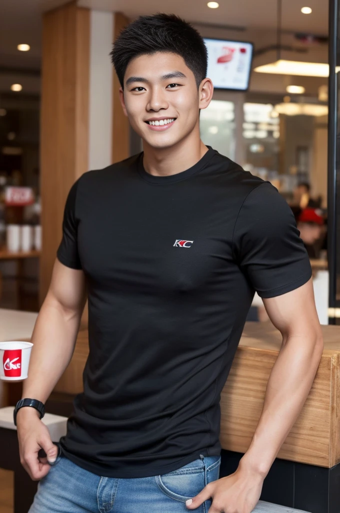 ((realistic daylight)) , Young Korean man in only a black sports shirt, no stripes, and jeans., A handsome, muscular young Asian man looks at the camera. , In the KFC store ,turn sideways, smile