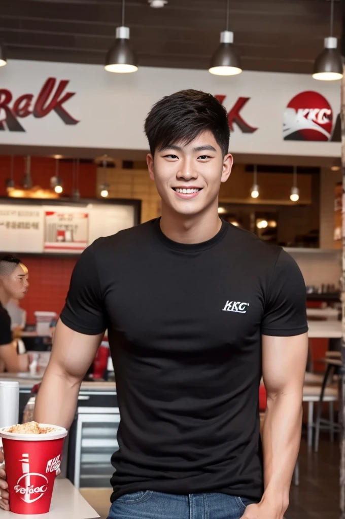 ((realistic daylight)) , Young Korean man in only a black sports shirt, no stripes, and jeans., A handsome, muscular young Asian man looks at the camera. , In the KFC store ,turn sideways, smile
