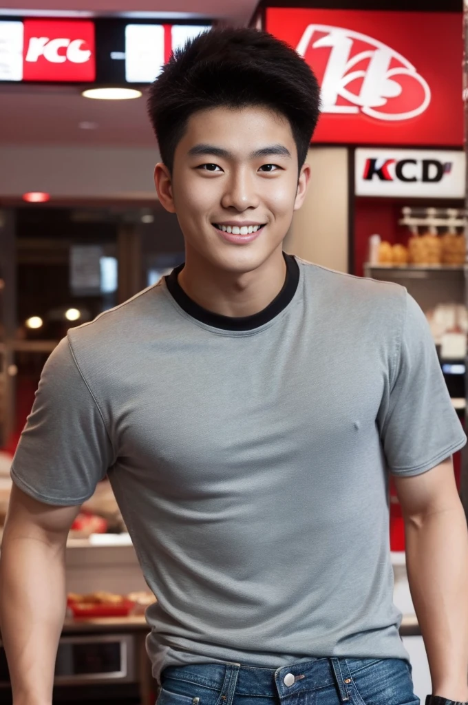 ((realistic daylight)) , Young Korean man in only a black sports shirt, no stripes, and jeans., A handsome, muscular young Asian man looks at the camera.  , In the KFC store ,turn sideways, smile