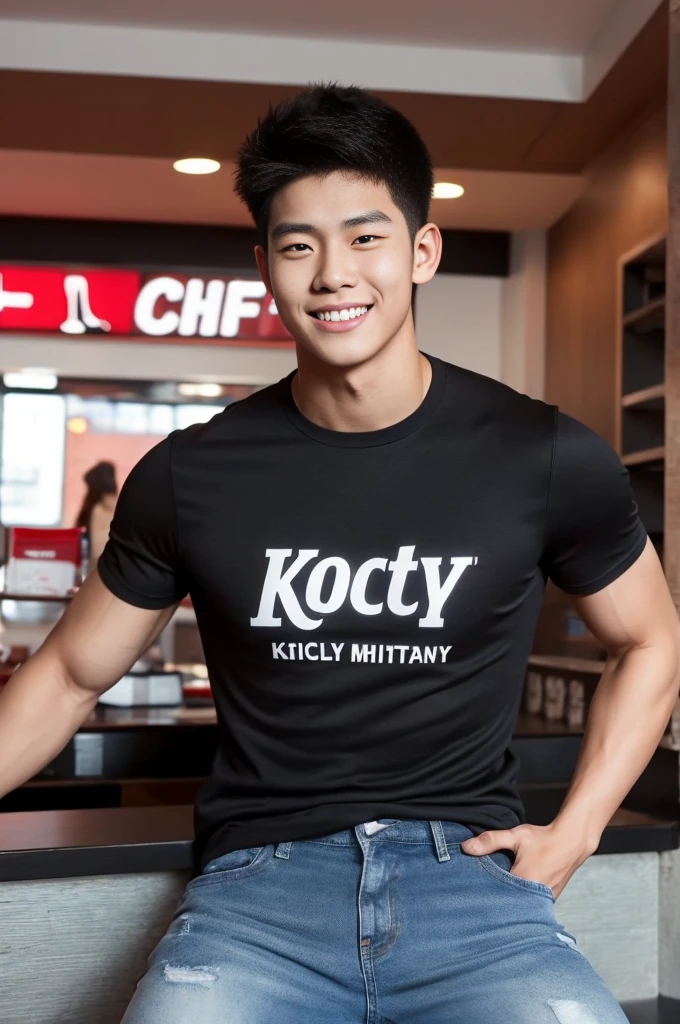 ((realistic daylight)) , Young Korean man in only a black sports shirt, no stripes, and jeans., A handsome, muscular young Asian man looks at the camera.  , In the KFC store ,turn sideways, smile