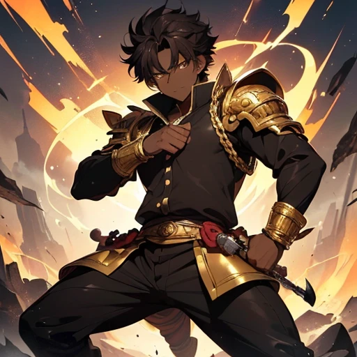 ((boy, 16 years old, height 1.80 meters)); (dark brown skin:1.5); (Brown eyes); (short, curly black hair); (Average physical height of a 16-year-old teenager); (Afro-descendant characteristics with traits of mixed heritage); ((8th century imperial costume)); ((glossy black cover)); (black clothes with shades of gray and gold details); (black boots with gray and gold details); (arrogant, eccentric, egocentric, proud personality); (extremely high hormones); (hyper-exaggerated lecherous personality similar to Meliodas, Master Roshi and Jiraiya); ((whole body)); ((dynamic pose)); ((detailed face, expressive eyes)); ((anime style, 2D illustration))