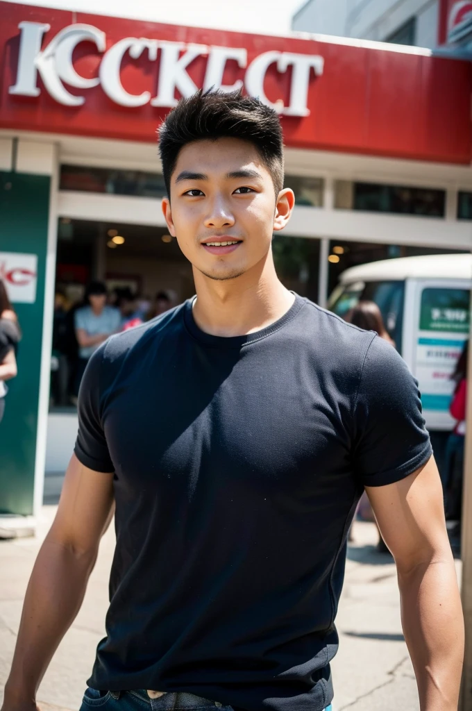 ((realistic daylight)) , Young Korean man in only a black sports shirt, no stripes, and jeans., A handsome, muscular young Asian man looks at the camera.  , In the KFC store ,turn sideways, smile