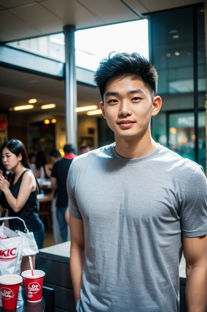 ((realistic daylight)) , Young Korean man in only a black sports shirt, no stripes, and jeans., A handsome, muscular young Asian man looks at the camera.  , In the KFC store ,turn sideways, smile