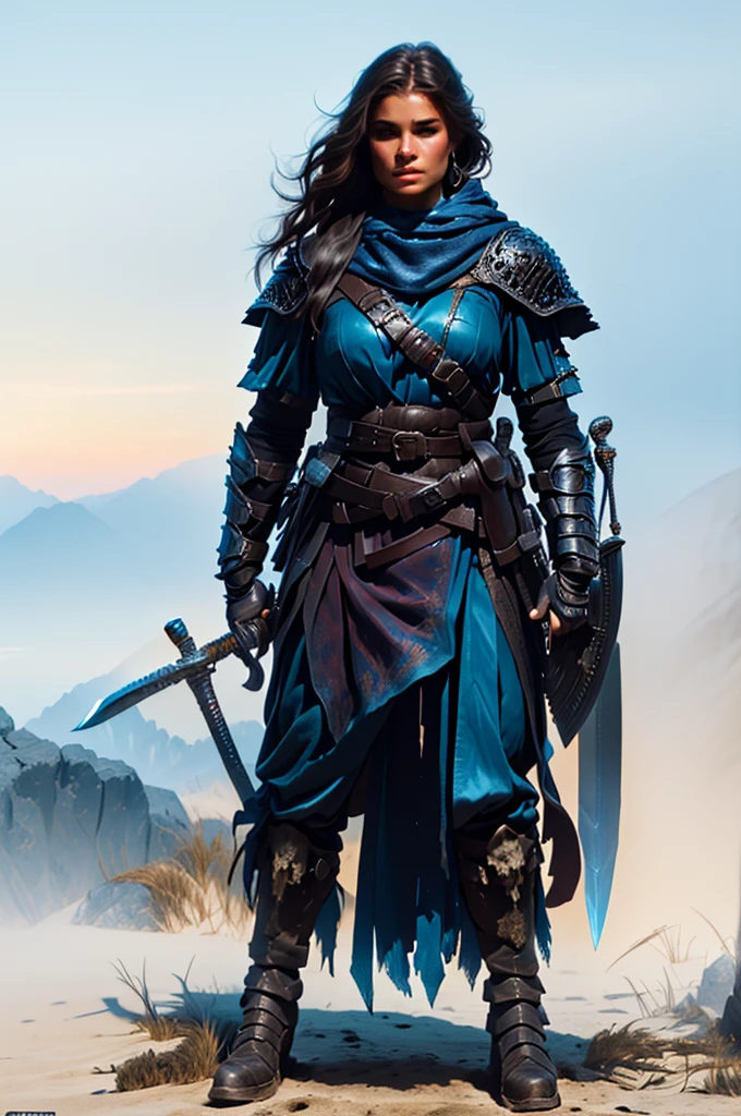 a woman with a sword and a skull, rpg character art, rpg portrait full body, d & d style full body portrait, fantasy d&d character, north adult female warrior, from pathfinder, intricate details, highly detailed, 8k, hyperrealistic, cinematic lighting, dramatic lighting, moody atmosphere, warm colors, vibrant colors, cinematic composition, heroic pose, powerful expression, deadly elegance, masterpiece