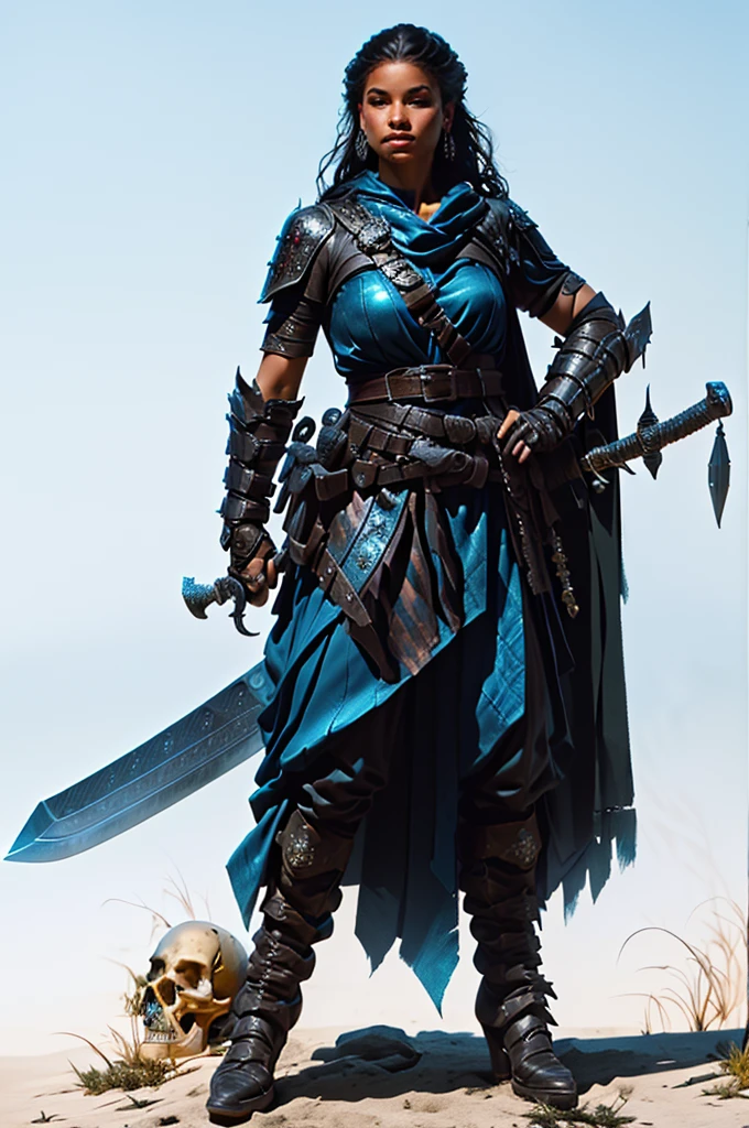 a woman with a sword and a skull, rpg character art, rpg portrait full body, d & d style full body portrait, fantasy d&d character, north adult female warrior, from pathfinder, intricate details, highly detailed, 8k, hyperrealistic, cinematic lighting, dramatic lighting, moody atmosphere, warm colors, vibrant colors, cinematic composition, heroic pose, powerful expression, deadly elegance, masterpiece