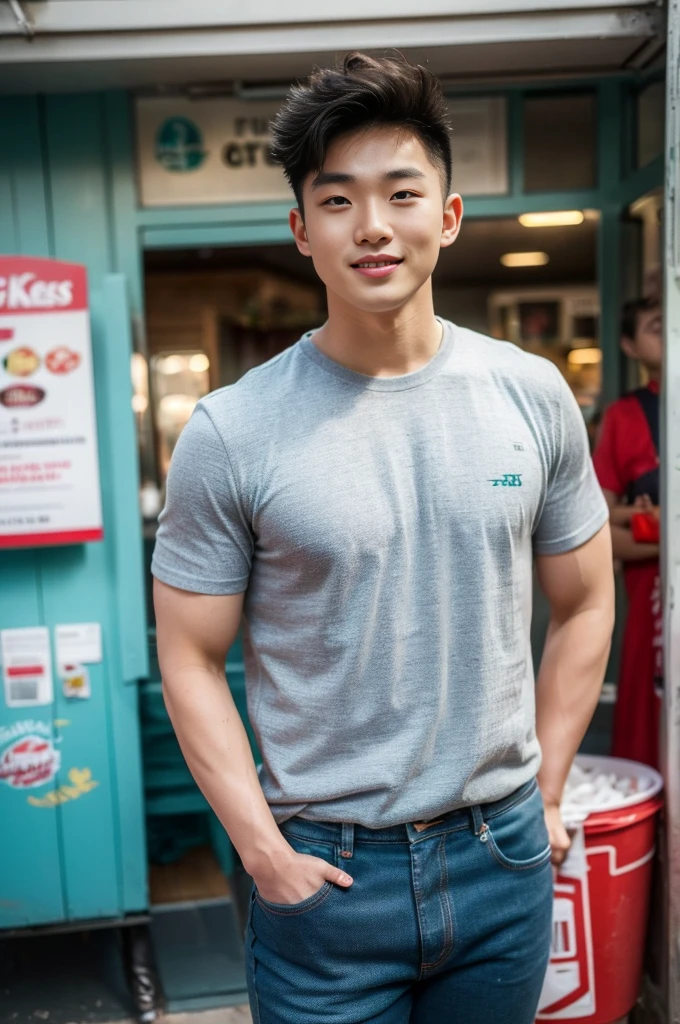 ((realistic daylight)) , Young Korean man in only a black sports shirt, no stripes, and jeans., A handsome, muscular young Asian man looks at the camera.  , In the KFC store ,turn sideways, smile