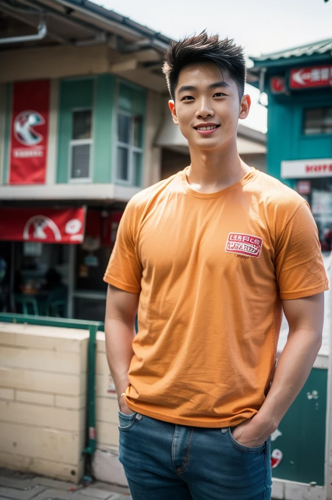 ((realistic daylight)) , Young Korean man in only a black sports shirt, no stripes, and jeans., A handsome, muscular young Asian man looks at the camera.  , In the KFC store ,turn sideways, smile