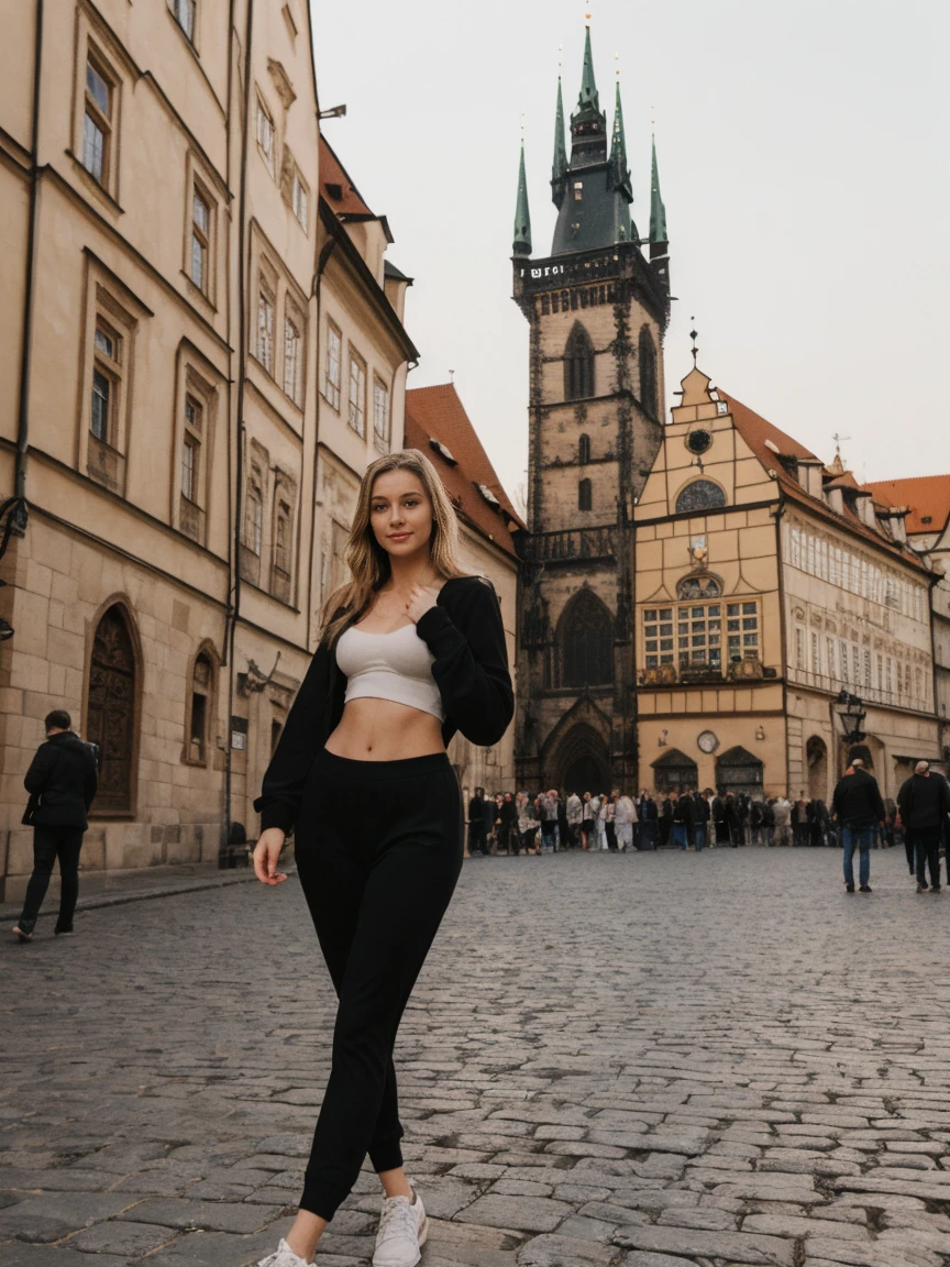 her name is Elle, high quality, 1girl, ((20-year-old fit Caucasian woman)), ((20 years old)), ((hourglass body shape)), ((fit)), ((thin belly)), ((round breasts)), ((pale skin)), medium thick aurbun hair , wearing Rose Gold Sequin Bralette + Low-Waisted Forest Green Silk Joggers, pose: standing, background: Write about the magical view of Prague's Old Town Square at dusk, with its gothic spires, medieval astronomical clock, and the lively buzz of cafes and street performers."