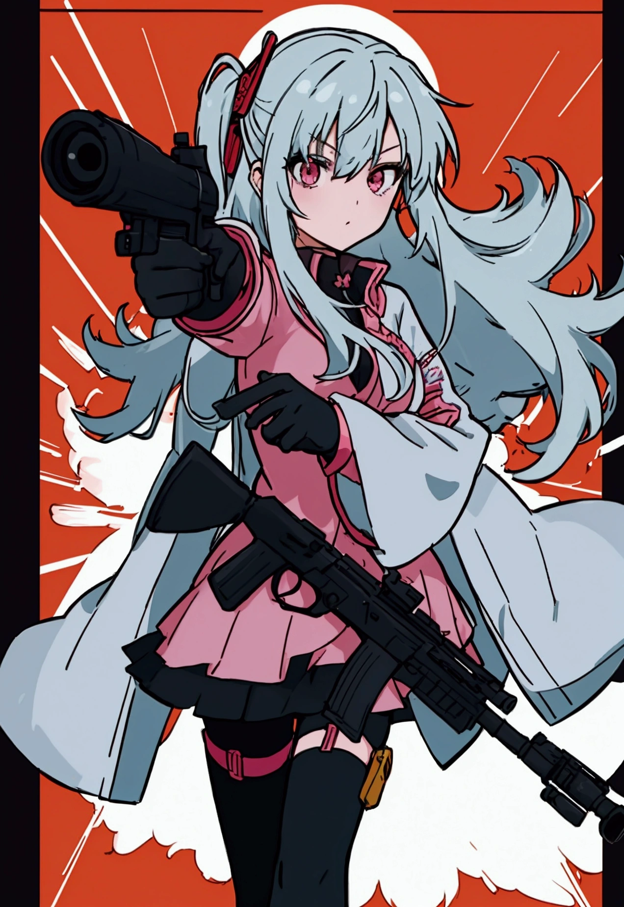 For woman witholding a gun and pointing it at the camera, with pistol, anime shot, anime machine gun fire, with a gun, female action anime girl, gapmoe yandere, shooting pose, holding gun, holding a pistol, trigger anime artstyle, haruno sakura, holding a gun, dramatic wielding gun pose, brandishing a gun, vector style