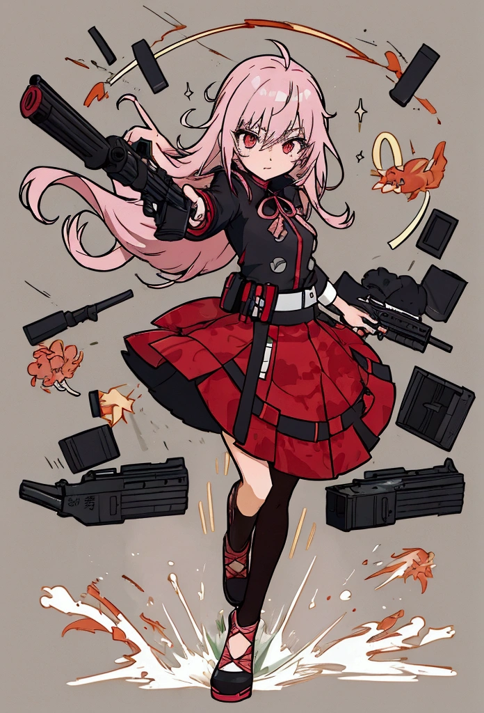 For woman witholding a gun and pointing it at the camera, with pistol, anime shot, anime machine gun fire, with a gun, female action anime girl, gapmoe yandere, shooting pose, holding gun, holding a pistol, trigger anime artstyle, haruno sakura, holding a gun, dramatic wielding gun pose, brandishing a gun, vector style