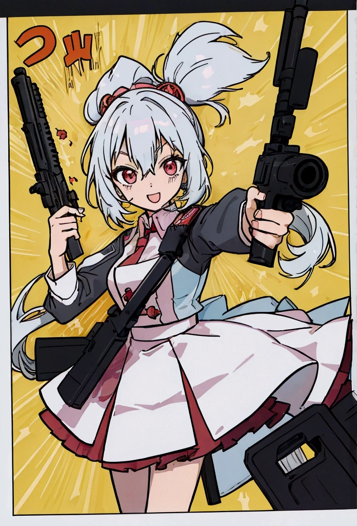 For woman witholding a gun and pointing it at the camera, with pistol, anime shot, anime machine gun fire, with a gun, female action anime girl, gapmoe yandere, shooting pose, holding gun, holding a pistol, trigger anime artstyle, haruno sakura, holding a gun, dramatic wielding gun pose, brandishing a gun, vector style