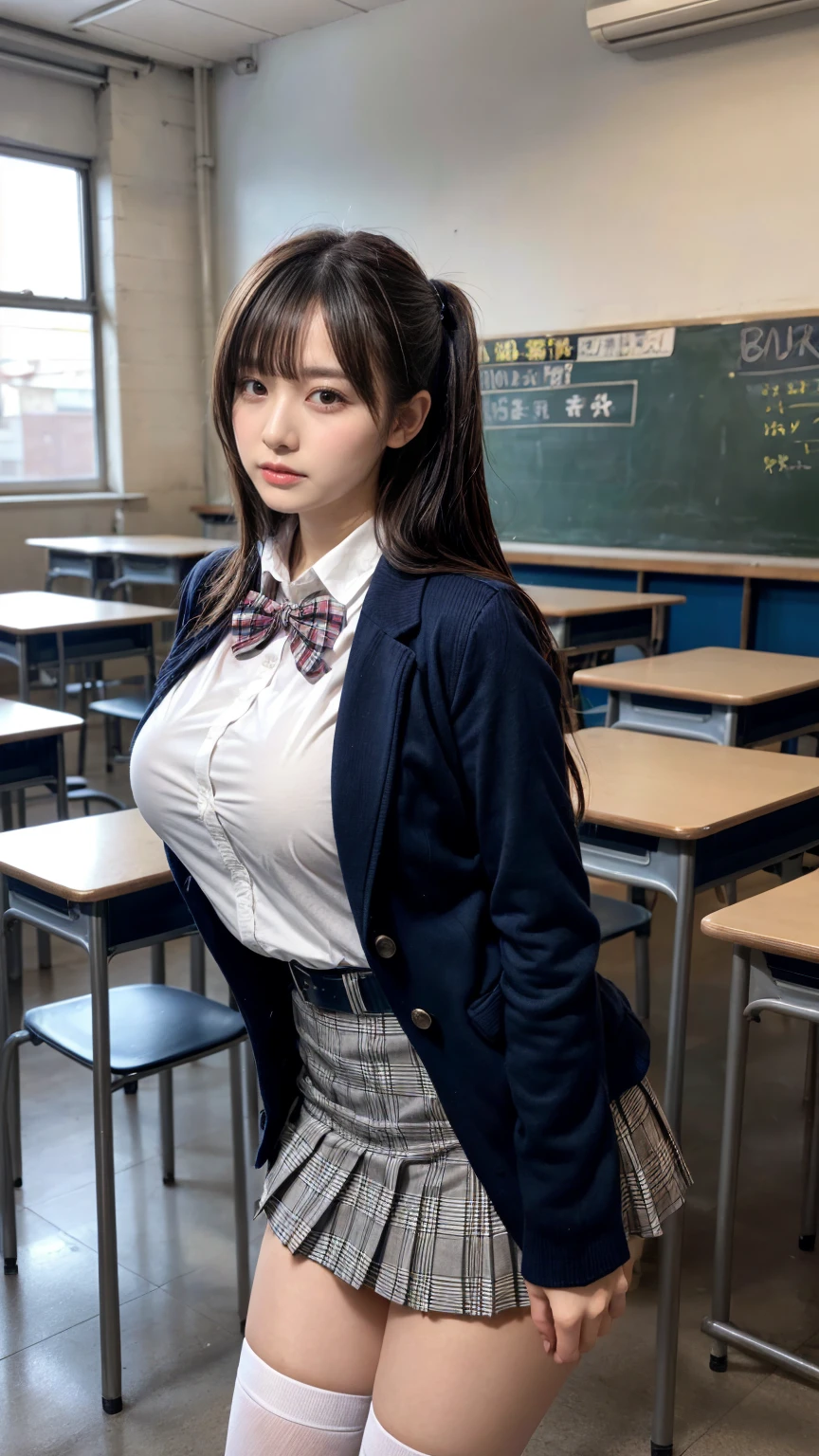 masterpiece, best quality, illustration, Super detailed, fine details, High resolution, 8K,wall paper, perfect dynamic composition,(Details High quality, realistic depiction of eyes:1.3), from side, High School Classroom、High school girl uniform、blazer 、Super Short Check Uniform Skirt、Navy blue high socks、garterbelts、Colossal tits、Disturbed uniform, long hair, black hair color, large breasts, Big Natural Color Lip, bold sexy pose, (perfect body shape), crying a little、cold gaze, Harajuku style、20 year old girl、cute type, beautiful legs, hposing Gravure Idol, Voluptuous thighs