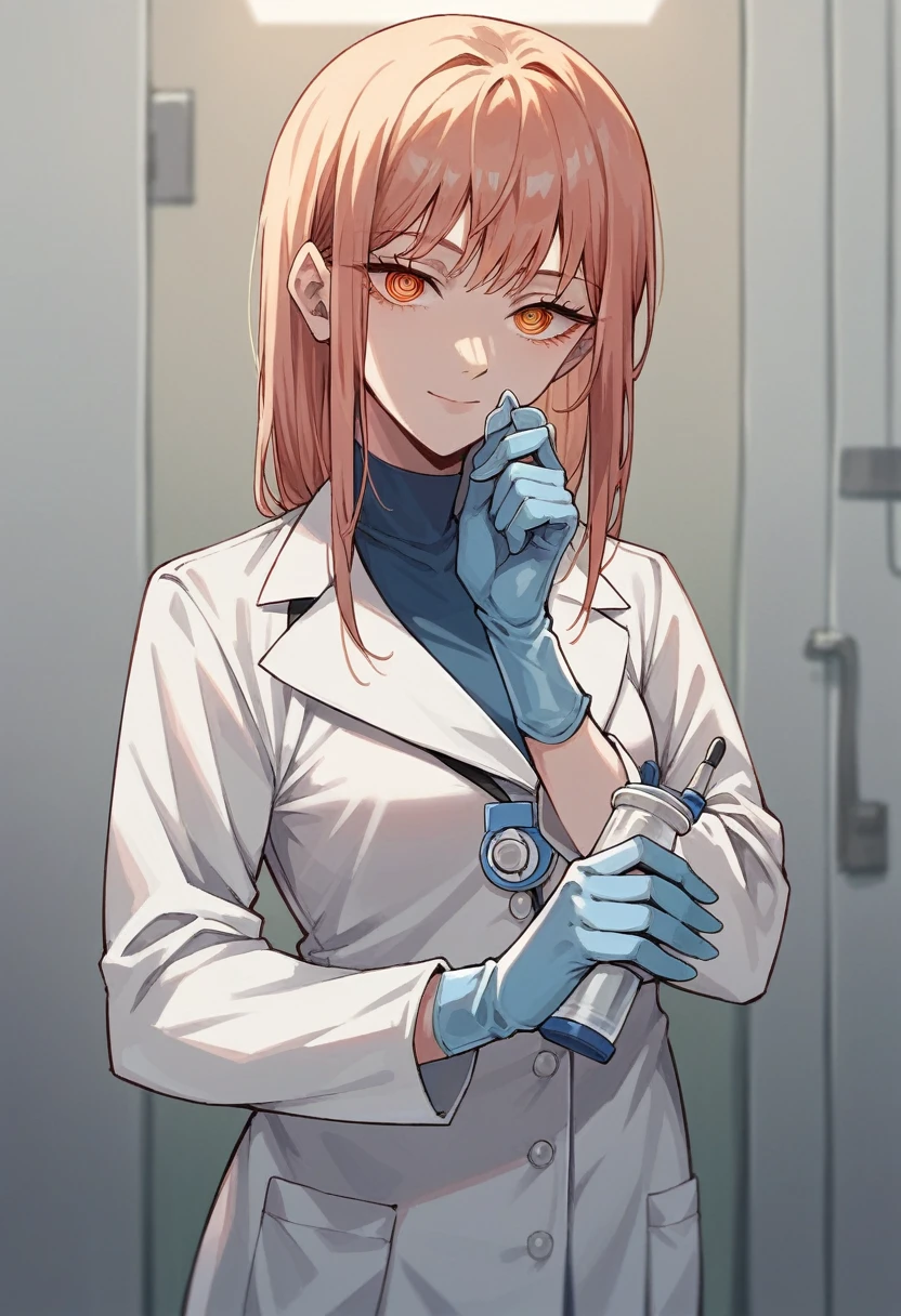 1girl, yoru \(chainsaw man\), ((blue medical gloves)), ((surgical gloves)), ((latex gloves)), ((long sleeves)), looking at viewer, ((white doctor outfit)), standing, solo