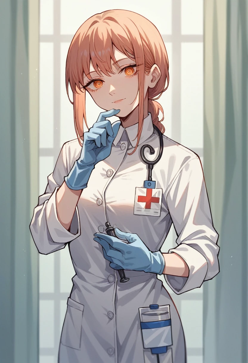 1girl, yoru \(chainsaw man\), ((blue medical gloves)), ((surgical gloves)), ((latex gloves)), ((long sleeves)), looking at viewer, ((white doctor outfit)), standing, solo
