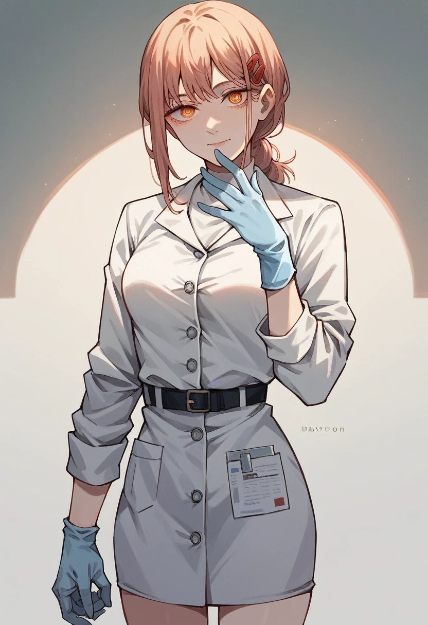 1girl, yoru \(chainsaw man\), ((blue medical gloves)), ((surgical gloves)), ((latex gloves)), ((long sleeves)), looking at viewer, ((white doctor outfit)), standing, solo
