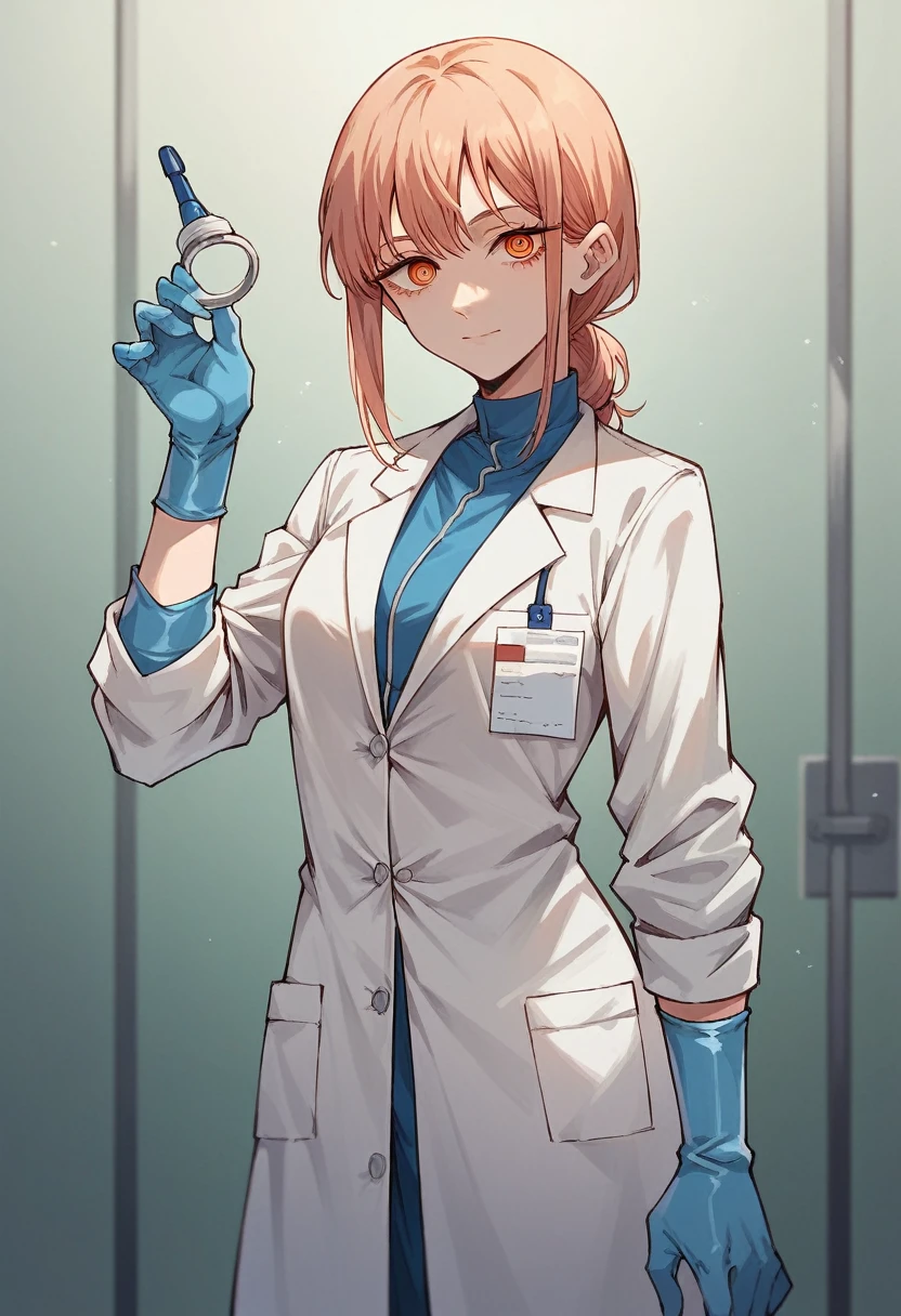 1girl, yoru \(chainsaw man\), ((blue medical gloves)), ((surgical gloves)), ((latex gloves)), ((long sleeves)), looking at viewer, ((white doctor outfit)), standing, solo
