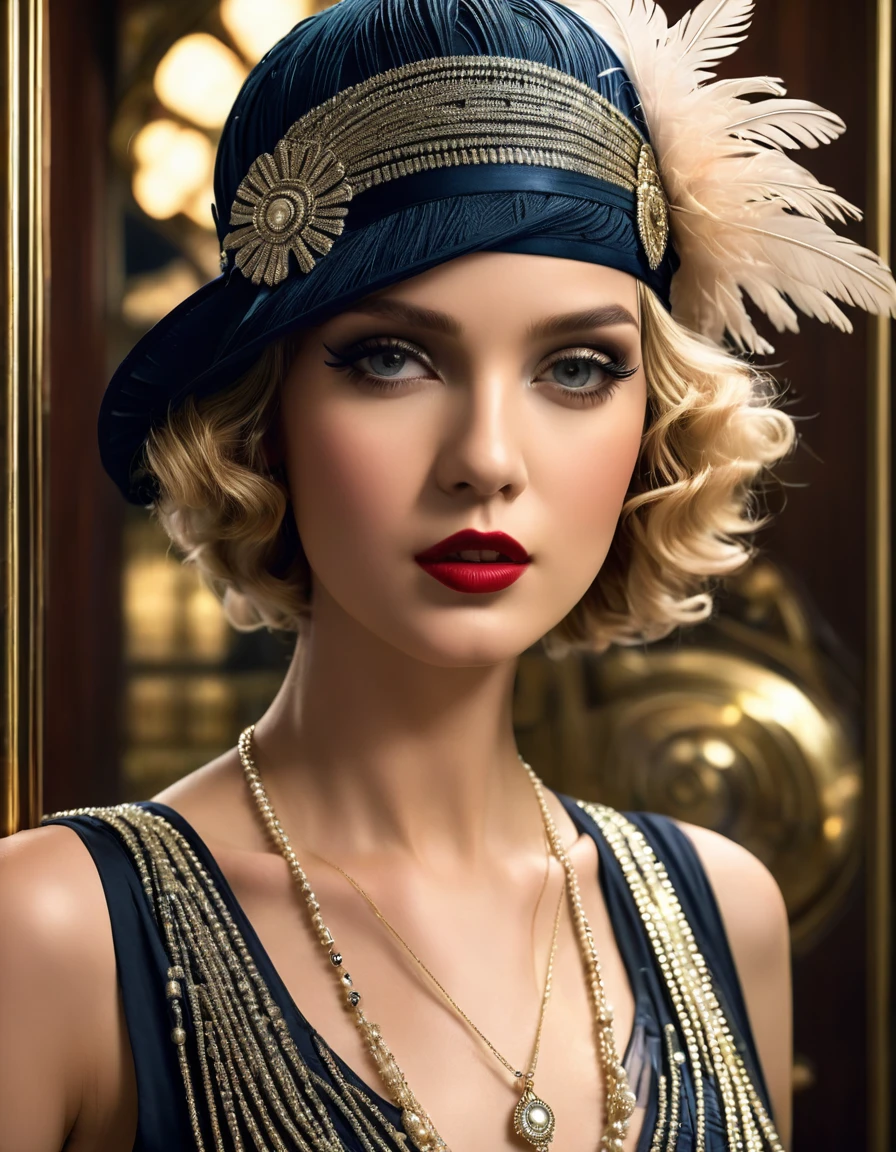 Create imaginative and amazing images demonstrating the style of ((Roaring 20s)), hyper realistic, 8k, vibrant colors, sharp crisp image, art deco, flapper, 20s style
