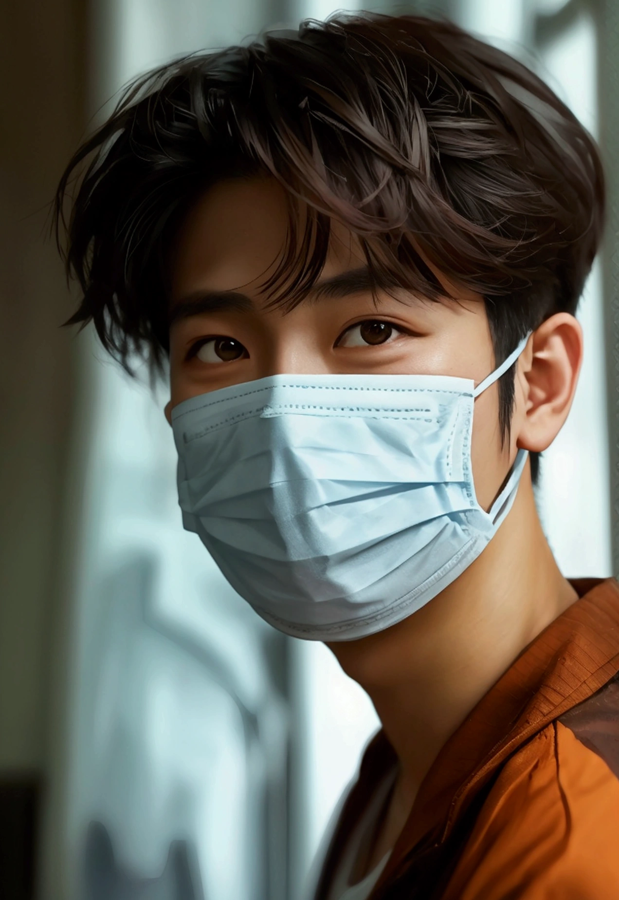 Selfie Angle,Realism,reality,Half Body,An Asian 30-year-old man wearing a mask with a smiling face。