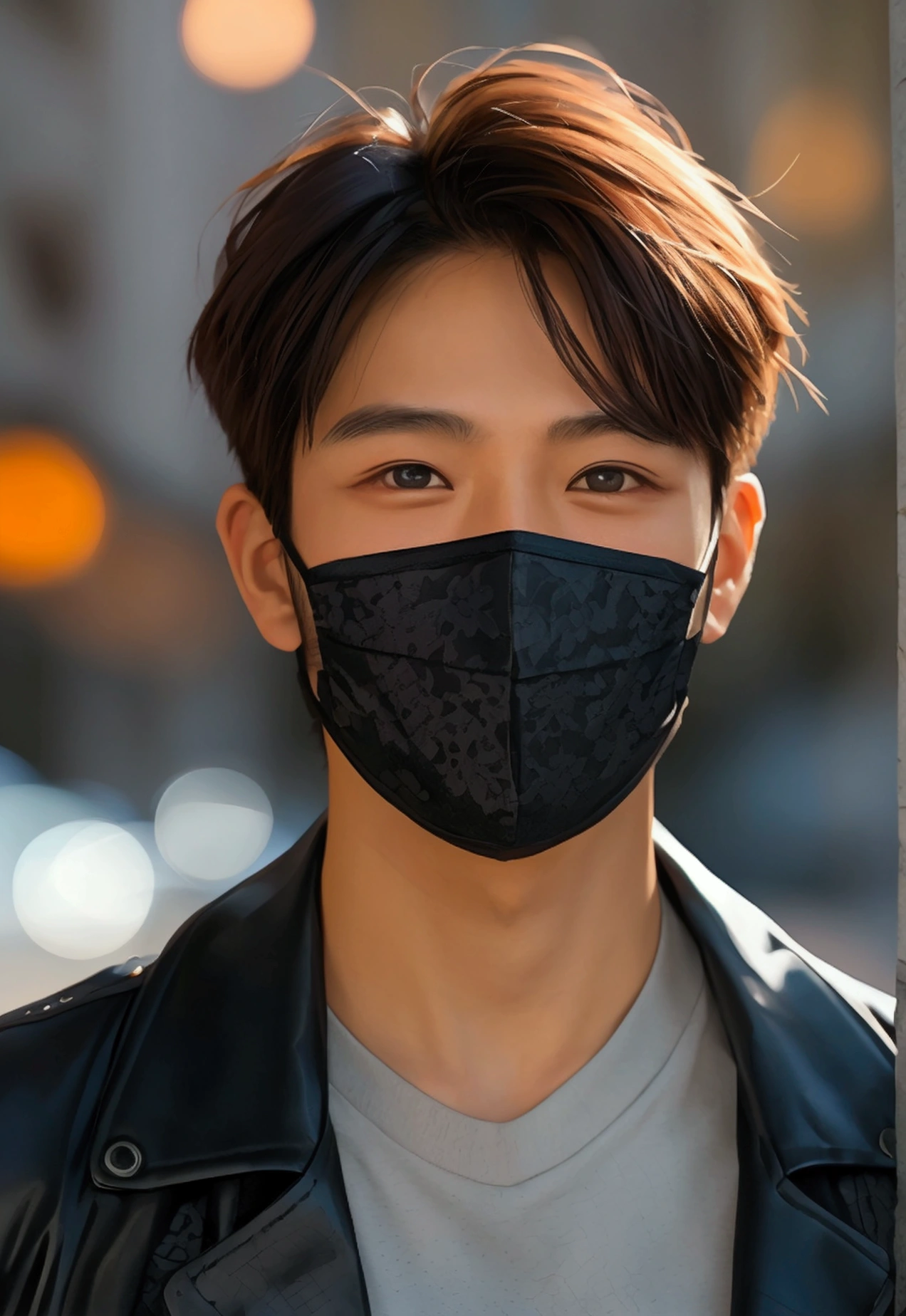 Selfie Angle,Realism,reality,Half Body,An Asian 30-year-old man wearing a mask with a smiling face。