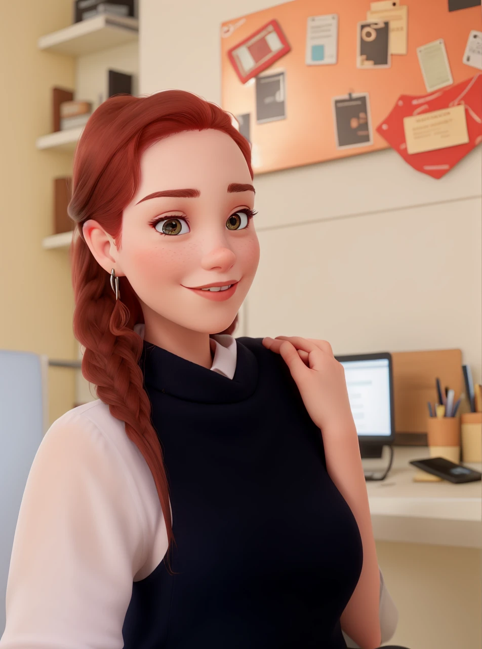 red-haired woman, sweet and intelligent look, office scenario, add books and a cell phone
