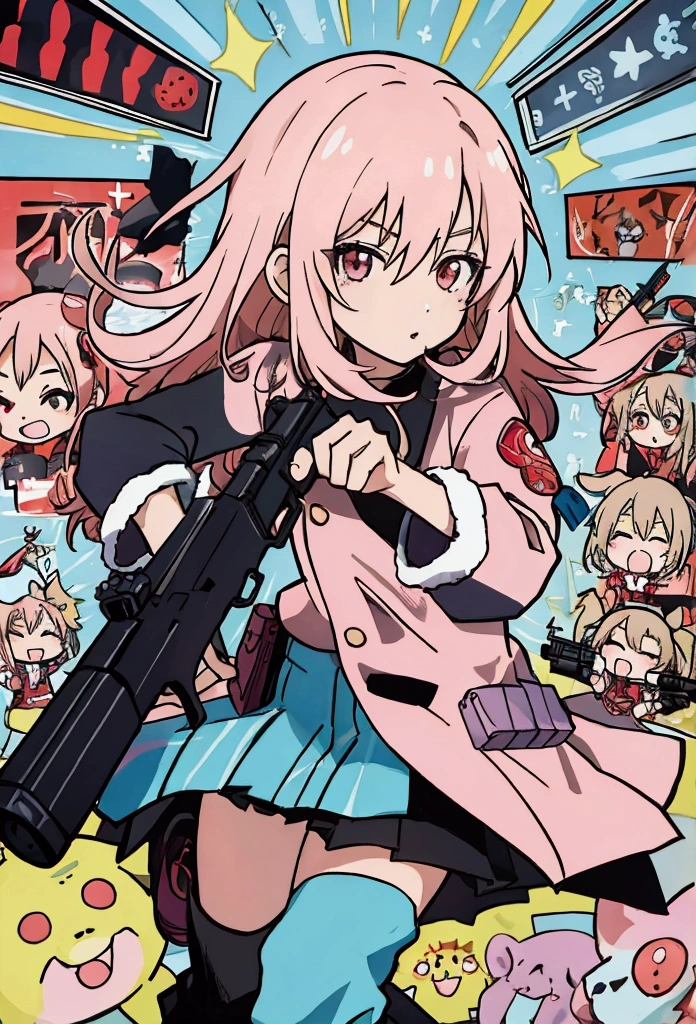 Four  woman are holding a gun and pointing it at the camera, with pistol, anime shot, anime machine gun fire, with a gun, female action anime girl, gapmoe yandere, shooting pose, holding gun, holding a pistol, trigger anime artstyle, haruno sakura, holding a gun, dramatic wielding gun pose, brandishing a gun, vector style, chibi